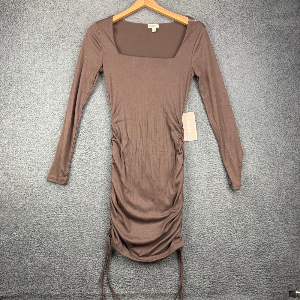 J For Justify Womens Brown Ribbed Ruched Square Neck Long Sleeve Mini Dress M